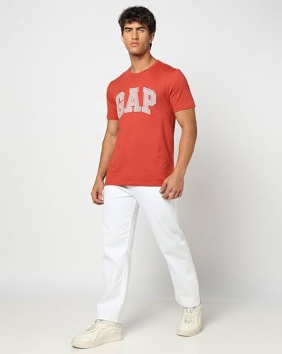 Men's Crew Neck Logo Print Half Sleeves Orange T-Shirt, Red Orange, L