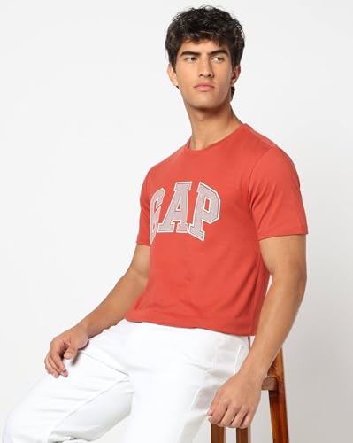 Men's Crew Neck Logo Print Half Sleeves Orange T-Shirt, Red Orange, L