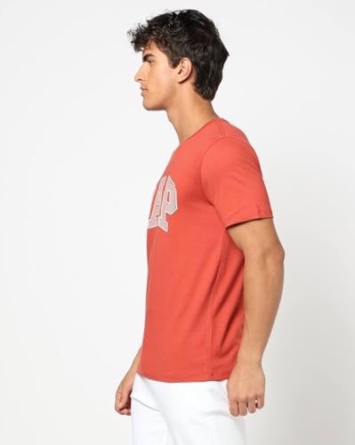 Men's Crew Neck Logo Print Half Sleeves Orange T-Shirt, Red Orange, L