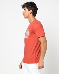 Men's Crew Neck Logo Print Half Sleeves Orange T-Shirt, Red Orange, L