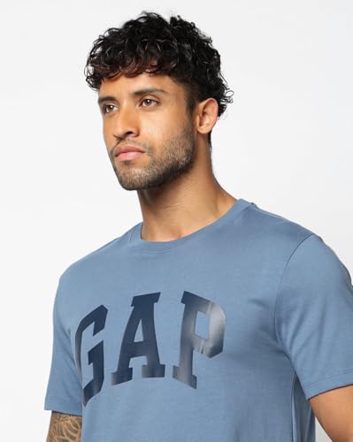 Blue GAP men’s printed regular fit round neck half sleeve T-shirt with casual design and short sleeves.