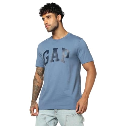 Blue GAP men's printed regular fit round neck half-sleeve T-shirt with bold graphic design on front.