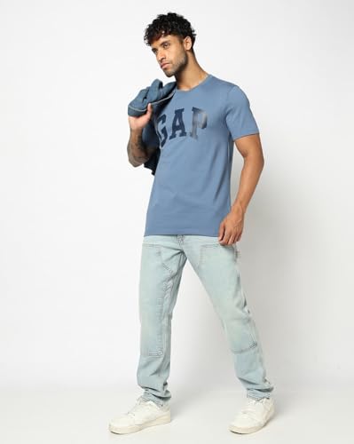 Blue GAP men's printed regular fit round neck half-sleeve T-shirt displayed on a hanger, showcasing a casual style.