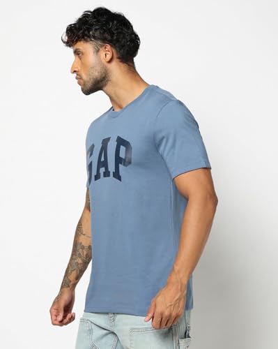 Blue GAP men's printed regular fit round neck half-sleeve T-shirt, casual style, displayed on a white background.