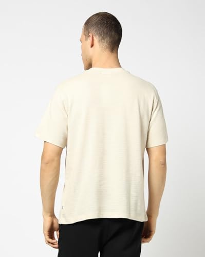 Men's Self-Design Crew Neck Half Sleeves T-Shirt, Beige, L