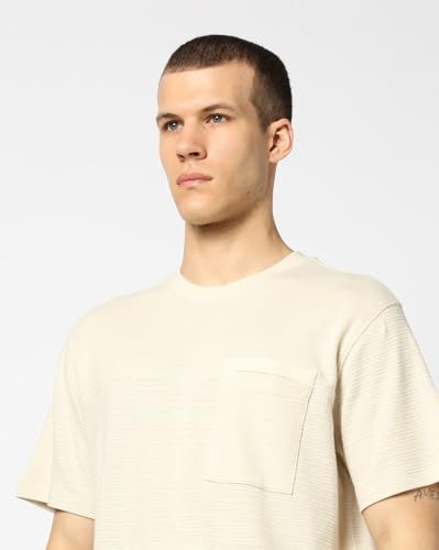 Men's Self-Design Crew Neck Half Sleeves T-Shirt, Beige, L