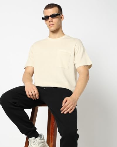 Men's Self-Design Crew Neck Half Sleeves T-Shirt, Beige, L