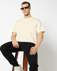 Men's Self-Design Crew Neck Half Sleeves T-Shirt, Beige, L