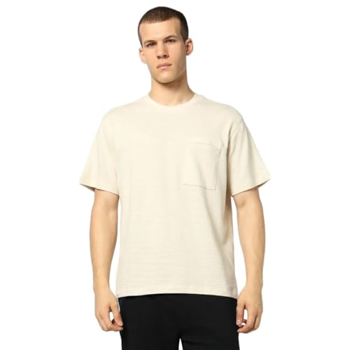Men's Self-Design Crew Neck Half Sleeves T-Shirt, Beige, L