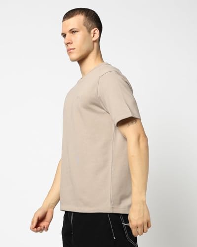 Men's Embroidered Crew Neck Half Sleeves T-Shirt, Lt.Brown, S