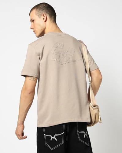 Men's Embroidered Crew Neck Half Sleeves T-Shirt, Lt.Brown, S