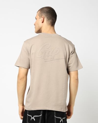 Men's Embroidered Crew Neck Half Sleeves T-Shirt, Lt.Brown, S