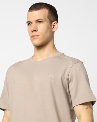 Men's Embroidered Crew Neck Half Sleeves T-Shirt, Lt.Brown, S