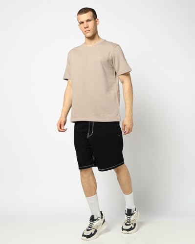 Men's Embroidered Crew Neck Half Sleeves T-Shirt, Lt.Brown, S