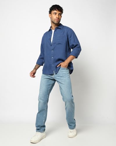 Men's Spread Collar Slim Shirt, Blue, L