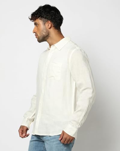 Men's Slim Fit Spread Collar Shirt, Off White, L