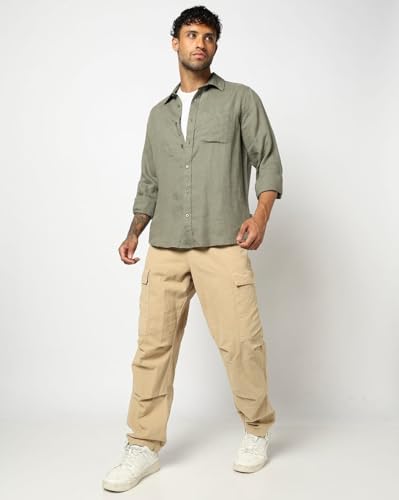 Men's Spread Collar Slim Shirt, Olive, L