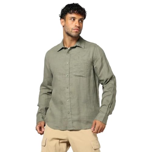 Men's Spread Collar Slim Shirt, Olive, L