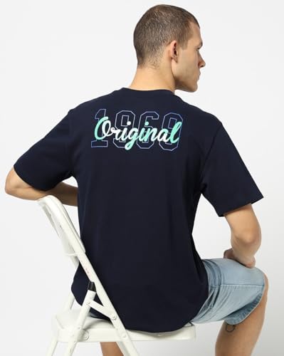 Men's Printed Crew Neck Half Sleeves Relaxed Fit T-Shirt, Navy, S