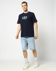 Men's Printed Crew Neck Half Sleeves Relaxed Fit T-Shirt, Navy, S