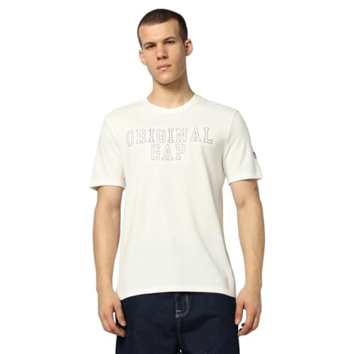 Men's Embroidered Slim Half Sleeves Crew Neck T-Shirt, Off White, XXL