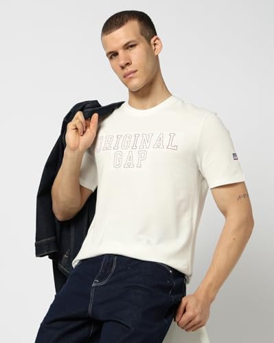 Men's Embroidered Slim Half Sleeves Crew Neck T-Shirt, Off White, XXL