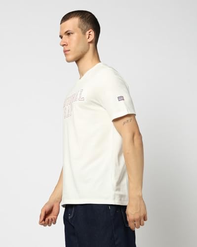 Men's Embroidered Slim Half Sleeves Crew Neck T-Shirt, Off White, XXL