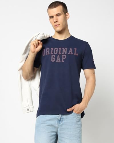 Men's Embroidered Slim Half Sleeves Crew Neck T-Shirt, Navy Blue, S