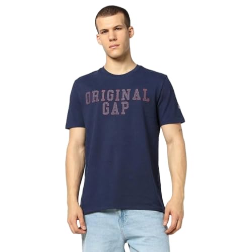Men's Embroidered Slim Half Sleeves Crew Neck T-Shirt, Navy Blue, S