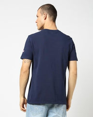 Men's Embroidered Slim Half Sleeves Crew Neck T-Shirt, Navy Blue, S