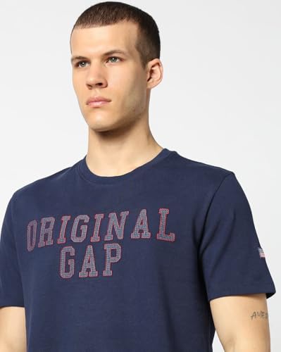 Men's Embroidered Slim Half Sleeves Crew Neck T-Shirt, Navy Blue, S