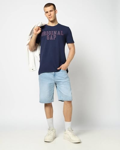 Men's Embroidered Slim Half Sleeves Crew Neck T-Shirt, Navy Blue, S