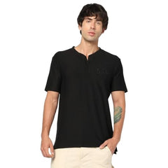 Men Embroidered Slim Fit Henley Polo T-Shirt, Black, S
