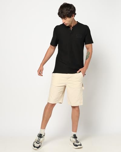 Men Embroidered Slim Fit Henley Polo T-Shirt, Black, S