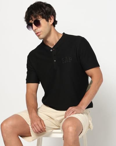 Men Embroidered Slim Fit Henley Polo T-Shirt, Black, S