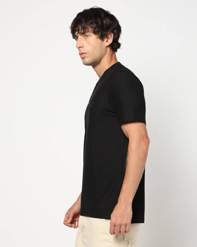Men Embroidered Slim Fit Henley Polo T-Shirt, Black, S