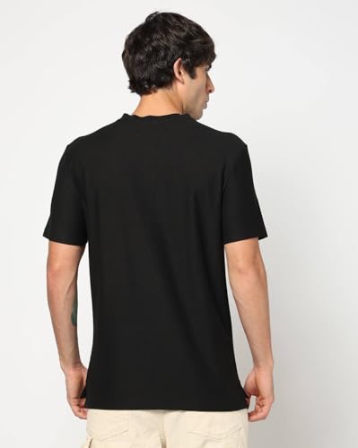 Men Embroidered Slim Fit Henley Polo T-Shirt, Black, S