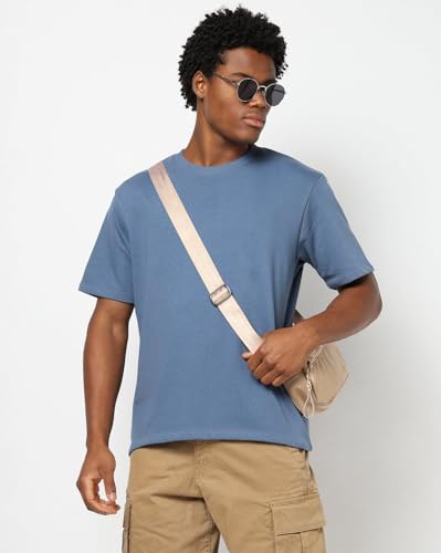 Mens Regular Solid Relaxed Fit T-Shirts, Blue, L