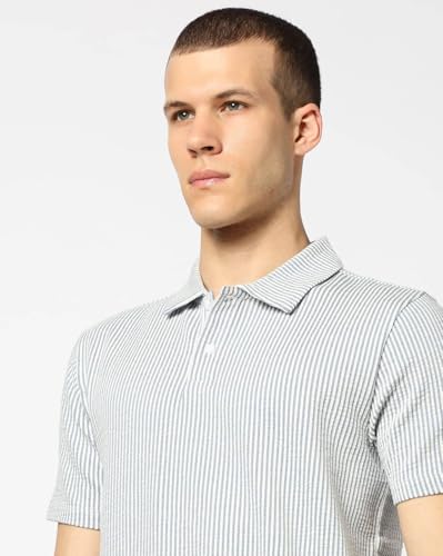 Men's Vertical Stripes Slim Fit Polo Neck T-Shirt, Blue, L