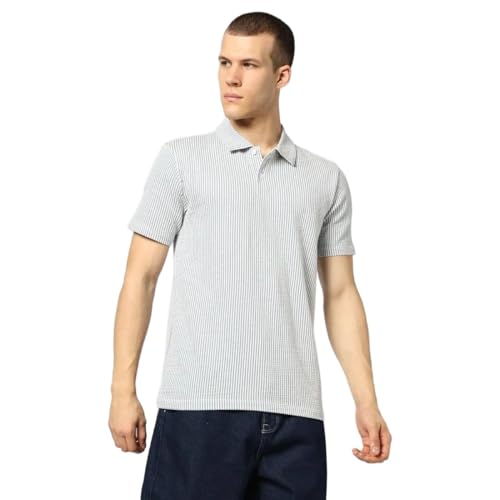 Men's Vertical Stripes Slim Fit Polo Neck T-Shirt, Blue, L