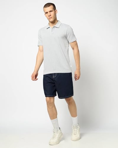 Men's Vertical Stripes Slim Fit Polo Neck T-Shirt, Blue, L