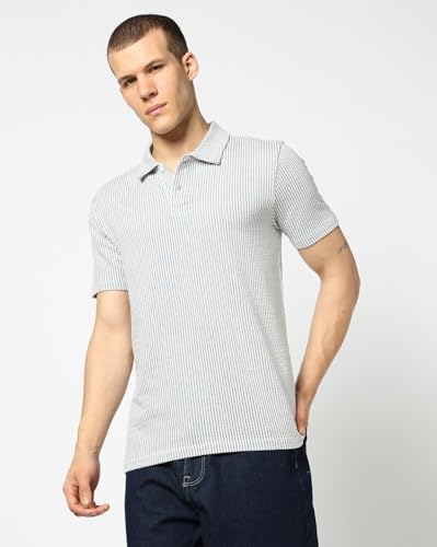 Men's Vertical Stripes Slim Fit Polo Neck T-Shirt, Blue, L
