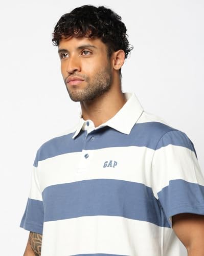 Men's Horizontal Stripes Relaxed Polo Neck T-Shirt, Blue, L