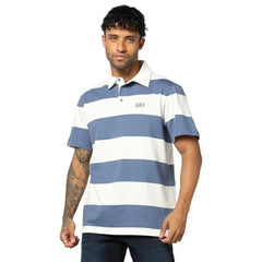Men's Horizontal Stripes Relaxed Polo Neck T-Shirt, Blue, L