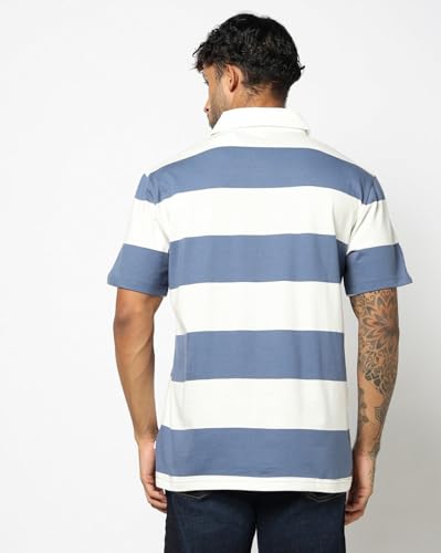 Men's Horizontal Stripes Relaxed Polo Neck T-Shirt, Blue, L