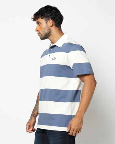 Men's Horizontal Stripes Relaxed Polo Neck T-Shirt, Blue, L