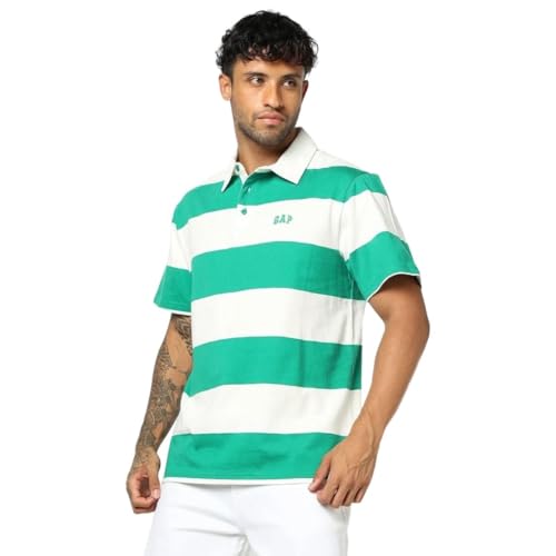 Men's Horizontal Stripes Relaxed Fit Polo Neck T-Shirt, Green, L