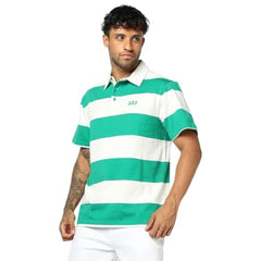 Men's Horizontal Stripes Relaxed Fit Polo Neck T-Shirt, Green, L