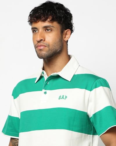 Men's Horizontal Stripes Relaxed Fit Polo Neck T-Shirt, Green, L