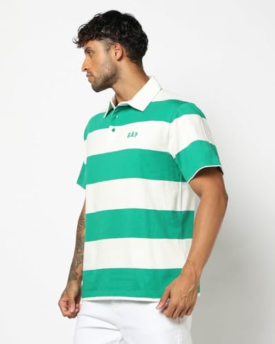 Men's Horizontal Stripes Relaxed Fit Polo Neck T-Shirt, Green, L